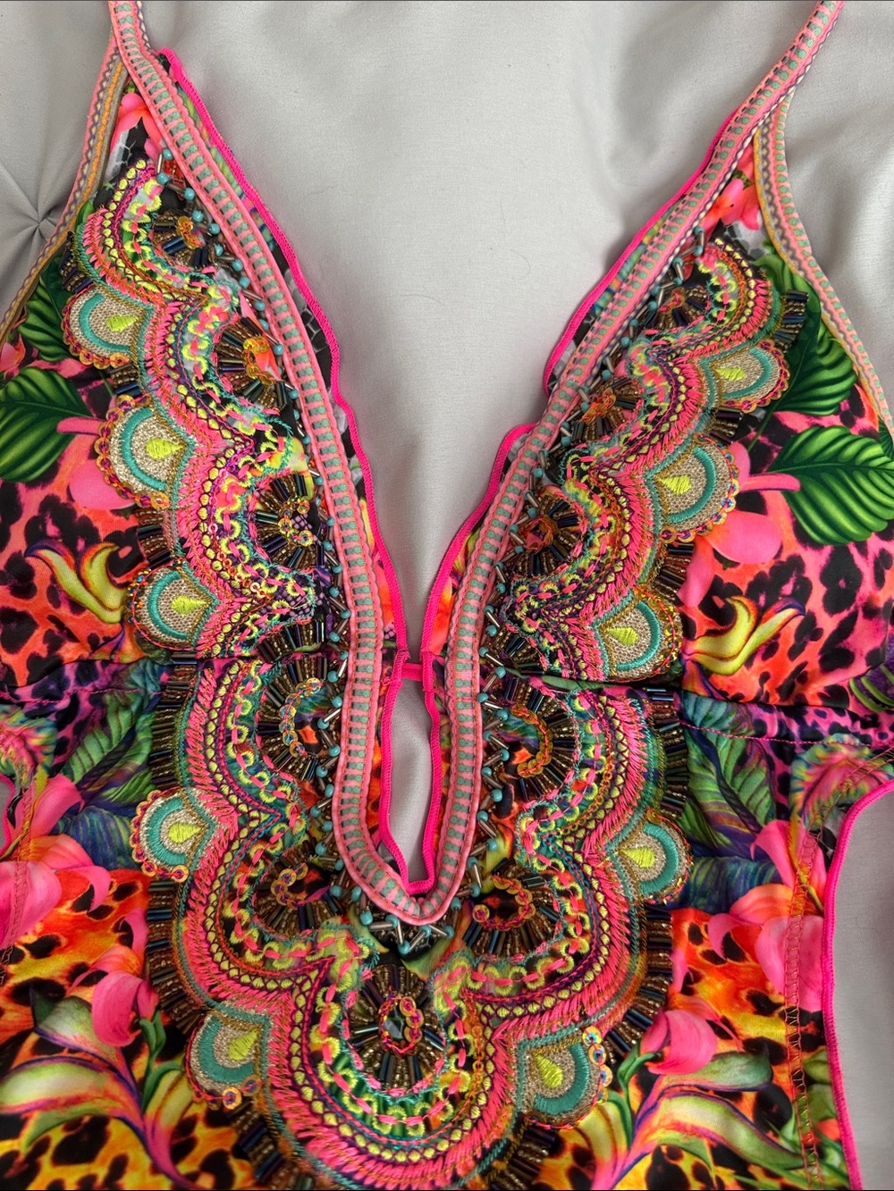 Bright Pink Tropical Print One-Piece Swimsuit - Picture 3 of 10